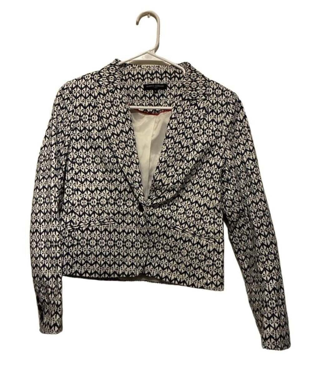 Mario Serrani Women Blue and White Printed Crop Button Blazer Size 6